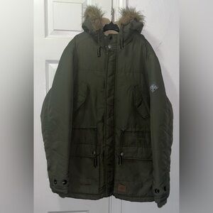 Threadbare Elf Taslon Men’s Army Green Parka Coat Faux Fur Lined Hood- Medium
